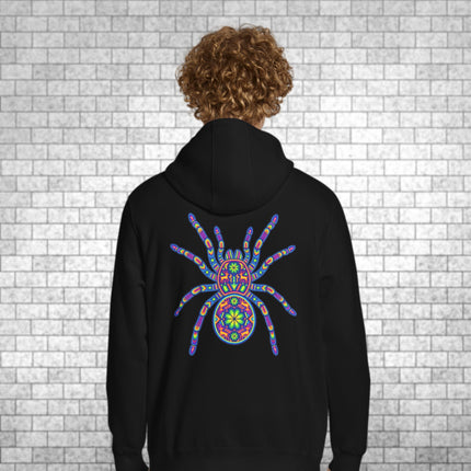Colorful Huichol tarantula folk art printed on the back of a casual Mexican pullover hoodie.