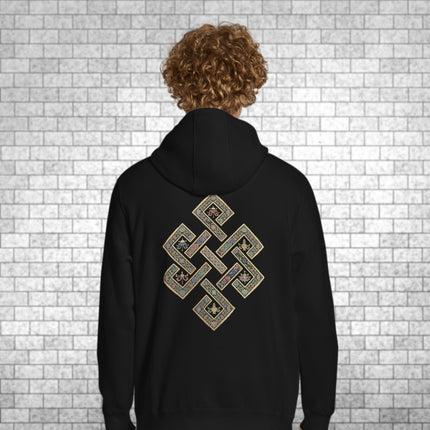 Golden Endless Knot print on a pullover hoodie featuring sacred Tibetan Buddhist symbolism.