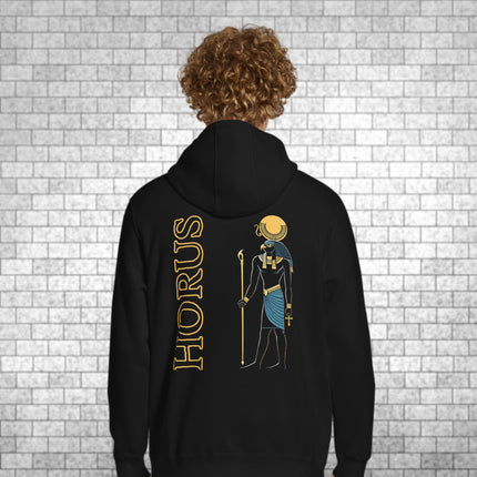 Horus Egyptian God hoodie featuring a detailed falcon and sun mythology print on the back.