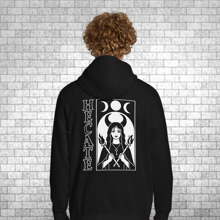 Hoodie featuring Hecate Triple Moon Goddess occult back print design.