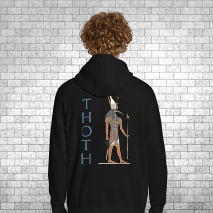 Thoth Egyptian god print on a pullover hoodie's back, featuring ancient mythology art.