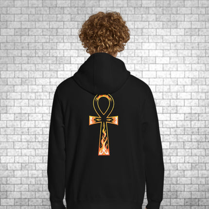 Back print of Ankh Egyptian life symbol and flame graphic on black pullover hoodie.