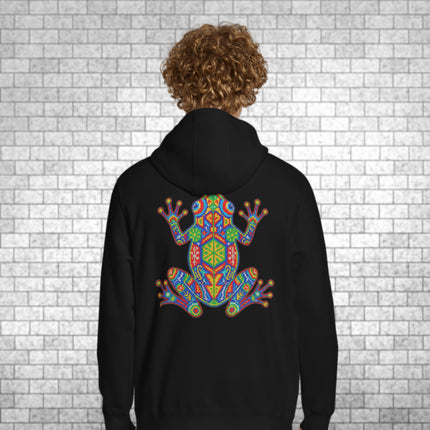 Colorful geometric Huichol frog print on the back of an indigenous pullover hoodie.
