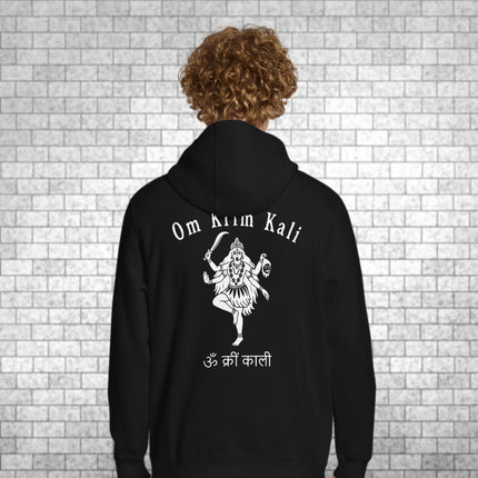 Om Krim Kali Goddess back print hoodie featuring Hindu mythology mantras.