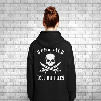 Dead Men Tell No Tales pirate skull and swords graphic printed on the back of a black hoodie.