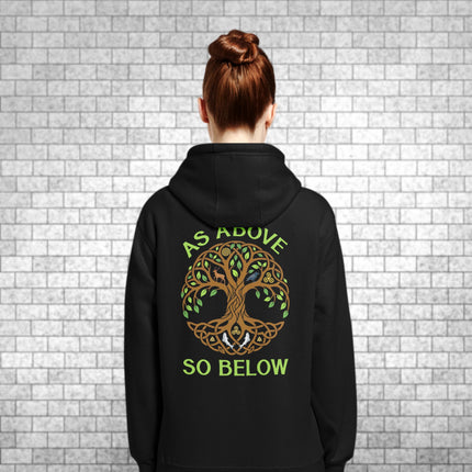 Pagan Yggdrasil Tree of Life design printed on the back of a hoodie.