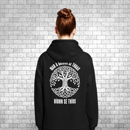 Celtic Tree of Life hoodie featuring Gaelic script and 'As Above So Below' back print design.