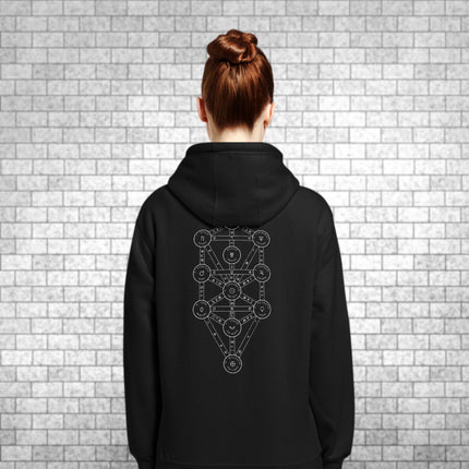 Kabbalah Tree of Life back print hoodie featuring esoteric Sephirot symbols diagram.