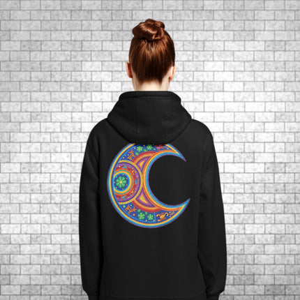 Colorful Huichol Moon Mandala spiritual design printed on the back of a pullover hoodie.