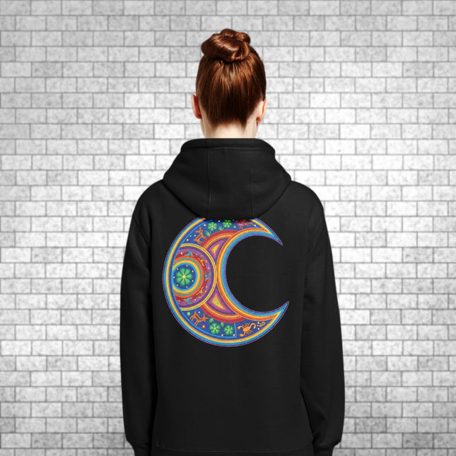 Huichol Moon Back Print Hoodie | Colorful Mandala Spiritual Pullover Hoodie