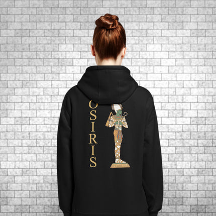 Osiris Egyptian god print hoodie featuring ancient mythology back graphic design.