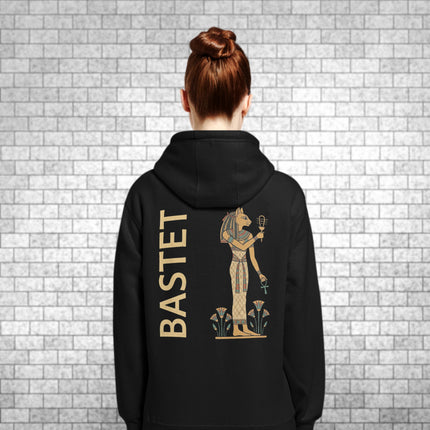 Bastet Egyptian cat goddess back print on a mythology themed pullover hoodie.