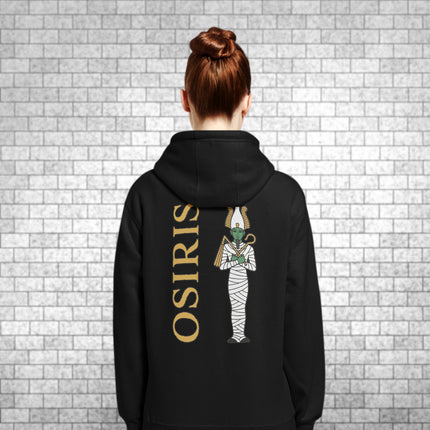 Ancient Osiris Egyptian mythology graphic print pullover hoodie featuring god artwork.