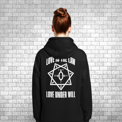 Love Is The Law quote back print on a unisex Thelema hoodie pullover.