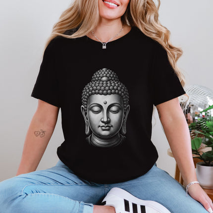 Buddha Head Grayscale T-Shirt | Spiritual Meditation Zen Graphic Tee Shirt