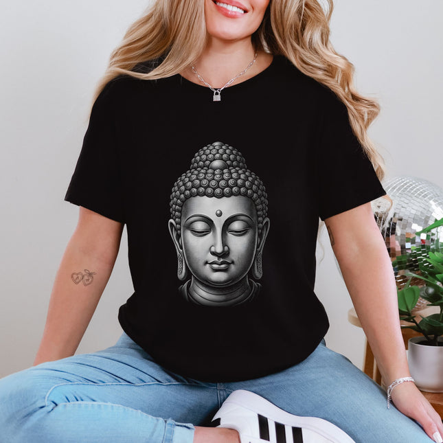 Buddha Head Grayscale T-Shirt | Spiritual Meditation Zen Graphic Tee Shirt