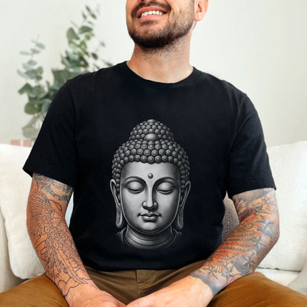 Buddha Head Grayscale T-Shirt | Spiritual Meditation Zen Graphic Tee Shirt