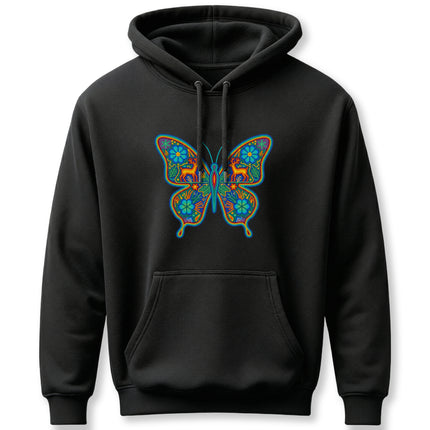 Huichol Mexican folk art butterfly graphic on a black boho hoodie.