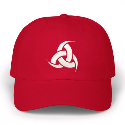 Red baseball cap with white embroidered Viking Triple Horn of Odin knot symbol.