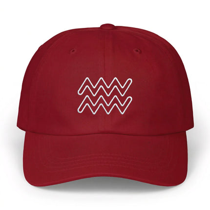 Aquarius zodiac embroidered baseball cap in maroon with white wavy constellation design.