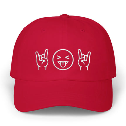 Red cap with embroidered rock hand sign and playful emoji design.