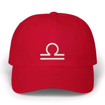 Red dad cap featuring white embroidered Libra zodiac symbol.
