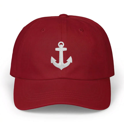 Maroon baseball cap with white embroidered anchor. Nautical marine style accessory.
