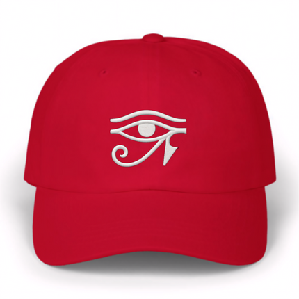 Red baseball cap with white embroidered Eye of Ra symbol. Egyptian protection design for men and women.