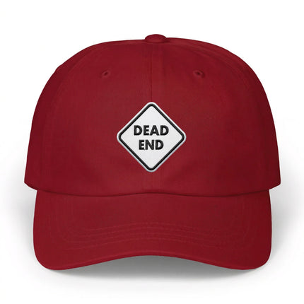 Red dad cap with embroidered "DEAD END" warning sign graphic.