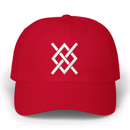 Red baseball cap with white embroidered Norse knotwork symbol.