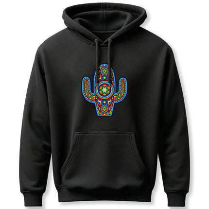Vibrant Mexican Huichol art cactus graphic on a black pullover hoodie.