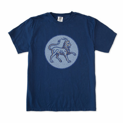Mosaic chimera t-shirt design featuring mythological blue lion and goat artwork.