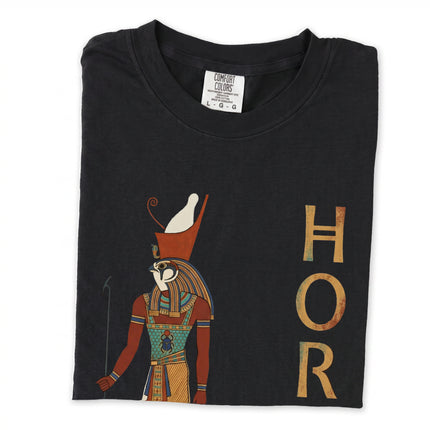 Ancient Egyptian Horus god graphic tee featuring detailed hieroglyphs and pharaoh motifs.