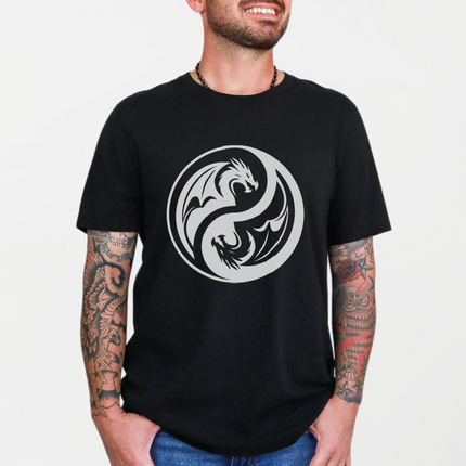 Yin Yang Dragon T-Shirt | Black and White Symbolic Unisex Tee Shirt Design
