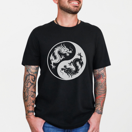 Chinese Dragon Yin Yang T-Shirt | Opposing Serpents Graphic Print Tee Shirt