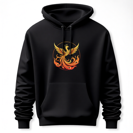 Phoenix graphic emerging from fiery flames on a black hoodie.