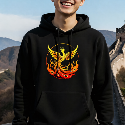 Phoenix rising from flames graphic, symbolizing rebirth and resilience.