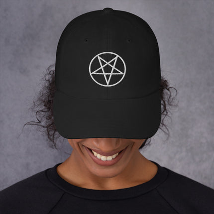 Embroidered pentagram baseball cap with occult symbol design.