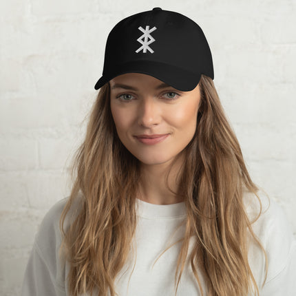 Embroidered Norse rune dad hat featuring protective Bind Rune and Elder Futhark symbols.