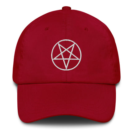 Embroidered pentagram baseball cap featuring an occult symbol design.