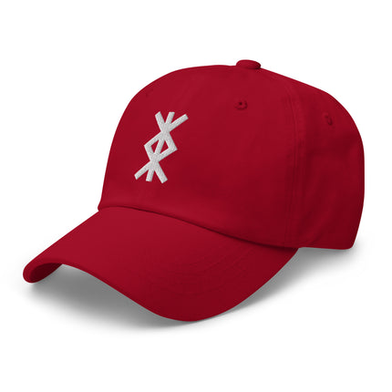 Norse bind rune embroidered dad hat featuring protective Elder Futhark symbols.