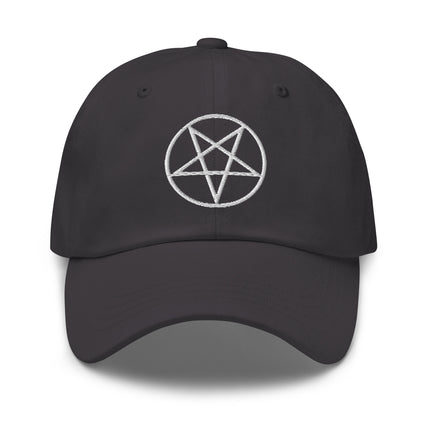 Black baseball cap with embroidered pentagram occult symbol design.