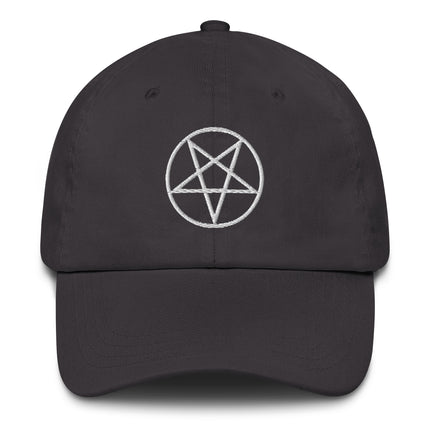 Unstructured baseball cap featuring a detailed embroidered pentagram occult symbol design.