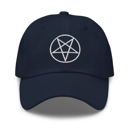 Embroidered pentagram symbol on an unstructured occult baseball cap.