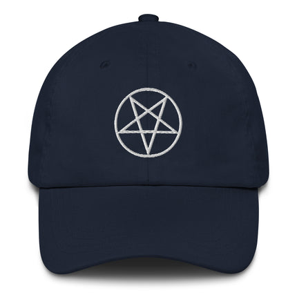 Embroidered pentagram baseball cap with an unstructured fit and occult symbol design.