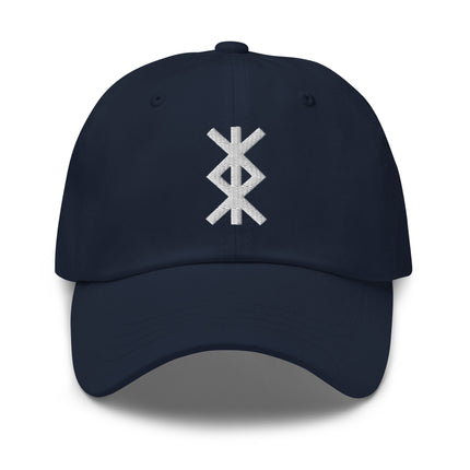 Embroidered Norse runic baseball cap featuring protection binds and Elder Futhark runes design.