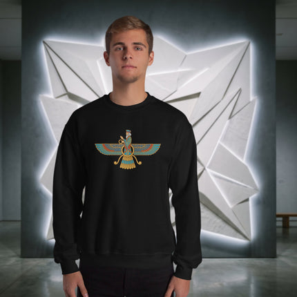 Faravahar winged symbol graphic on a zoroastrian persian pullover sweatshirt.