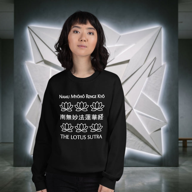 Buddhist lotus flower print sweatshirt featuring Namu Myoho Renge Kyo sutra text and Buddhist motifs.