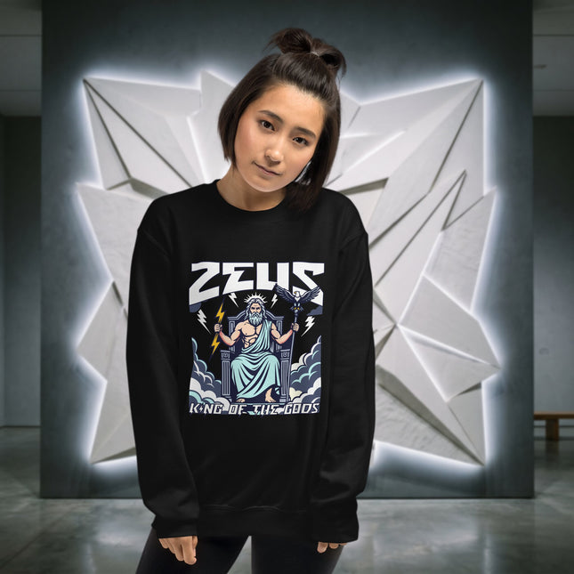 Zeus King of the Gods lightning pullover sweatshirt featuring Greek mythology design.