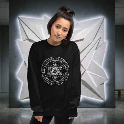 Metatron's Cube and alchemy symbol graphic pullover sweatshirt for men and women.